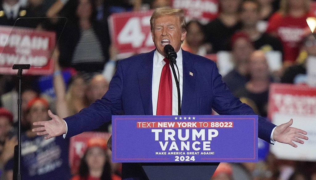 Republican presidential nominee former President Donald Trump, speaks during a rally Sept. 18, 2024, in Uniondale, N.Y. (AP)