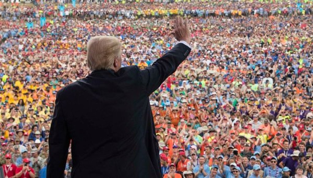 President Donald Trump waves to the crowd after speaking at the 2017 National Scout Jamboree in Glen Jean, W.Va. (AP/Carolyn Kaster) 