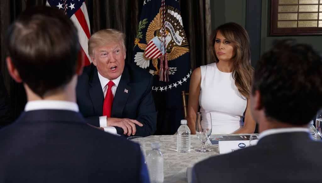 President Donald Trump, pictured with Melania Trump, speaks during a briefing on the opioid crisis Aug. 8, 2017, at Trump National Golf Club in Bedminster, N.J. (AP Photo)