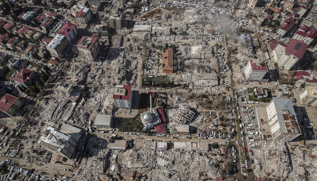 Aerial photo showing the destruction in Kahramanmaras city center, southern Turkey, on Feb. 9, 2023. Thousands who lost their homes in a catastrophic earthquake three days earlier huddled around campfires. (AP)