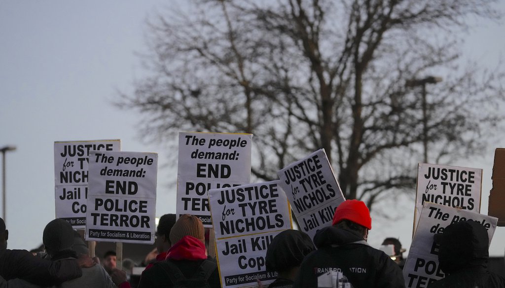 Protesters gather on Jan. 27, 2023, in Memphis, as authorities were set to release police video of the beating of Tyre Nichols, whose death resulted in murder charges and provoked outrage at the country's latest instance of police brutality. (AP)