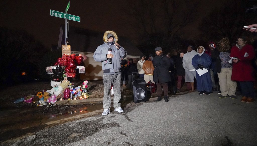 Rodney Wells, stepfather of Tyre Nichols, speaks Jan. 30, 2023, at a prayer gathering at the site in Memphis, Tenn., where Nichols was beaten by Memphis police officers. He later died from his injuries. (AP)