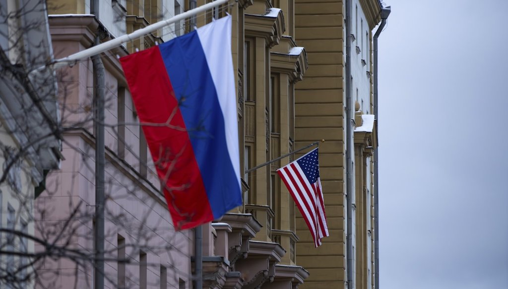 The U.S. Embassy with a U.S. national flag, seen behind a building with a Russian national flag in Moscow, Russia, Nov. 5, 2024. (AP)