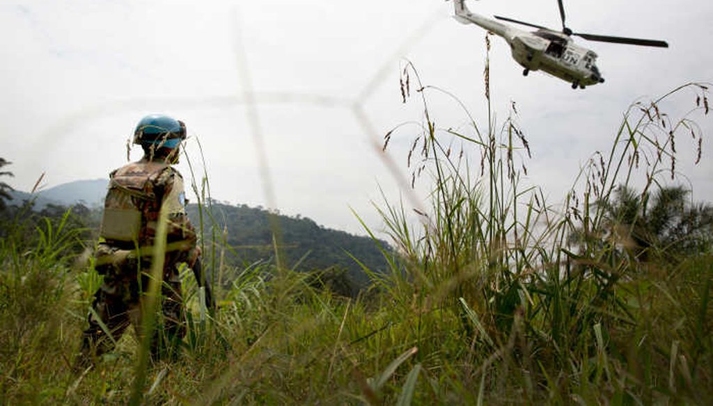 A U.N. peacekeeper watches a departing helicopter from U.N mission in the Democratic Republic of Congo. (United Nations)