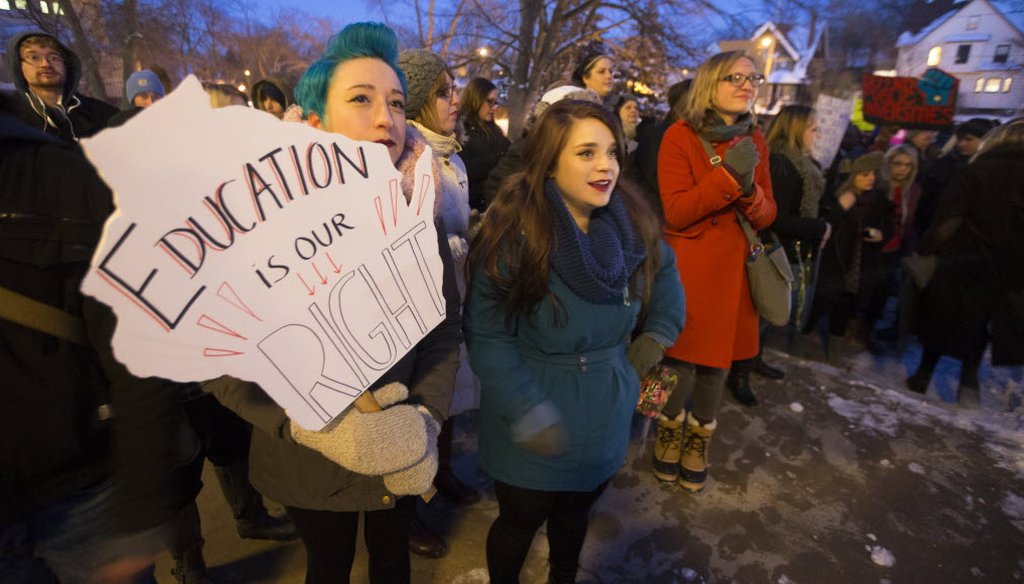 Students and faculty members of the University of Wisconsin-Milwaukee participated in a rally on Feb. 4, 2015 to protest a two-year, $300 million budget cut for the University of Wisconsin System that was proposed by Gov. Scott Walker.