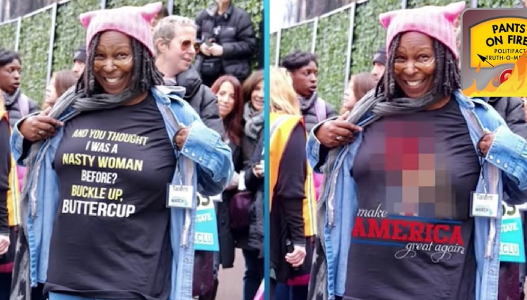 A viral image purported to show Whoopi Goldberg wearing a shirt with a cartoon of President Donald Trump firing a gun at himself, but the image was manipulated.
