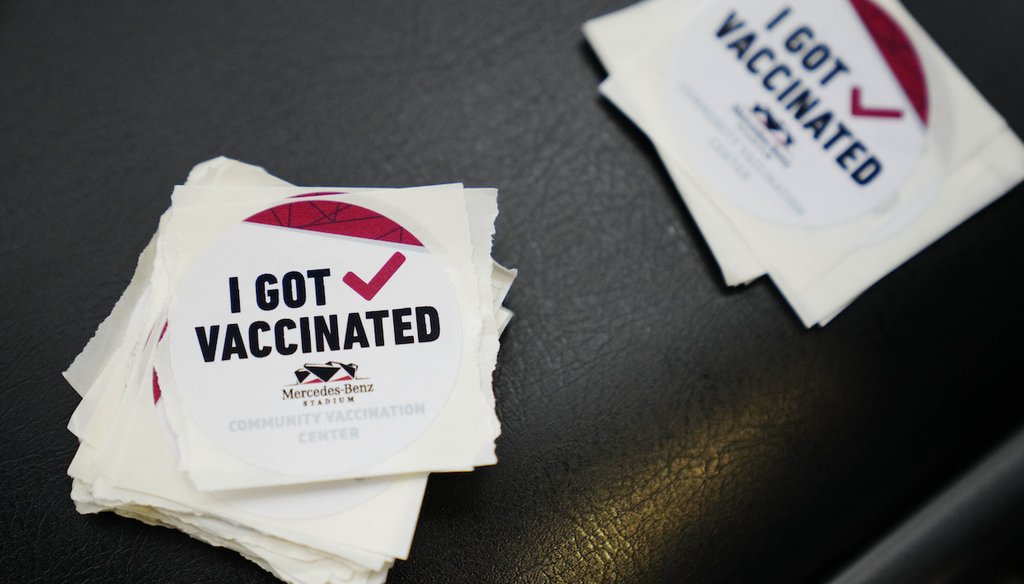 Stickers that say "I got vaccinated" are seen at Mercedes-Benz Stadium on March 25, 2021, in Atlanta. (AP/Anderson)