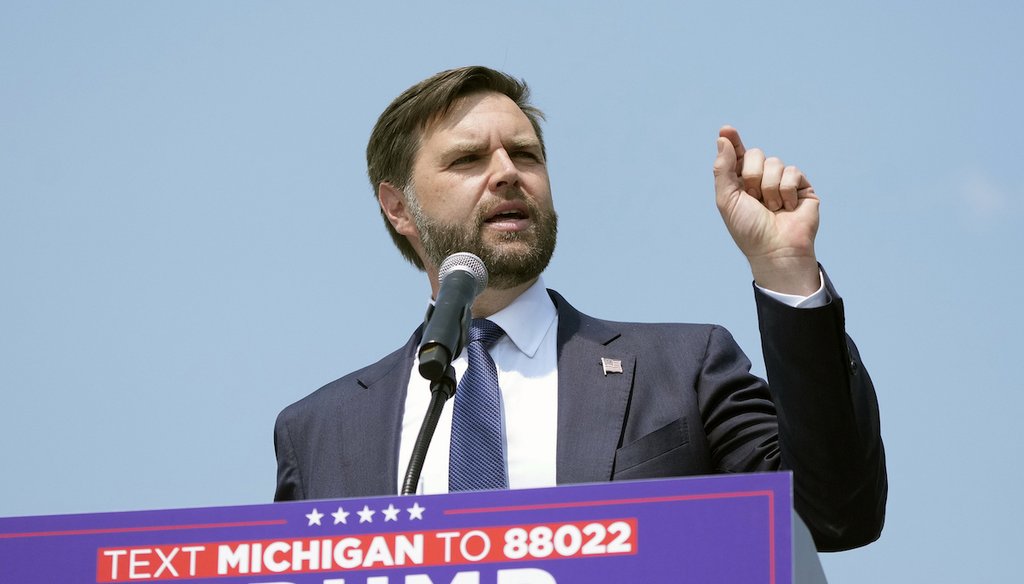 Republican vice presidential nominee Sen. JD Vance, R-Ohio speaks at a campaign event, Wednesday, Aug. 14, 2024, in Byron Center, Mich. (AP)