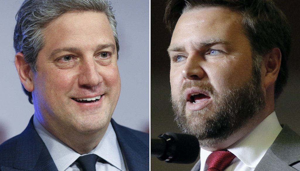 This combination of photos shows Ohio Democratic Senate candidate Rep. Tim Ryan, D-Ohio, on March 28, 2022, in Wilberforce, Ohio, left, and Republican candidate JD Vance on Sept. 17, 2022, in Youngstown, Ohio.(AP)