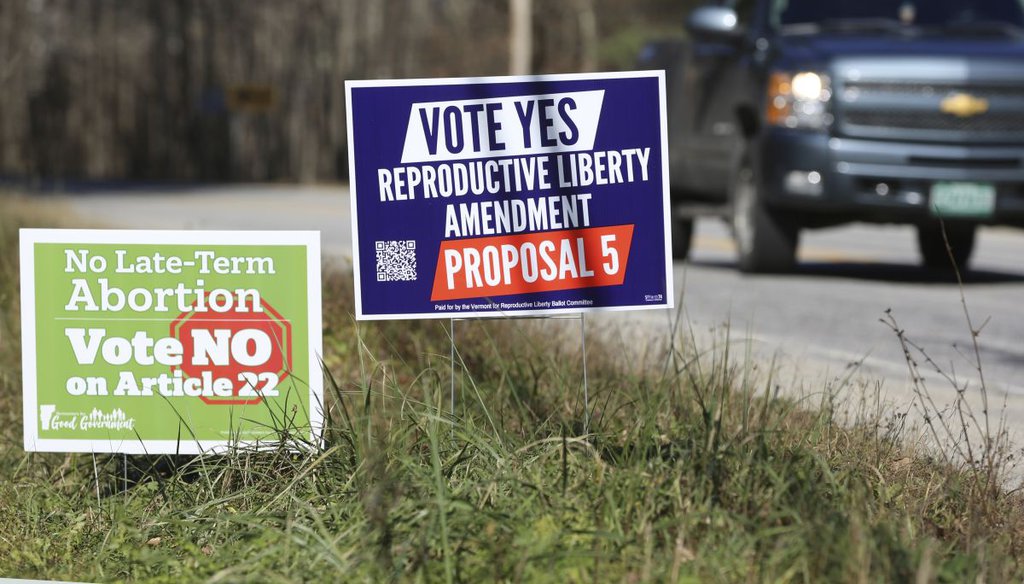 Campaign signs oppose and support a proposed Vermont ballot measure to guarantee access to reproductive rights, including abortion on Nov. 3, 2022 in Middlesex, Vt. (AP)