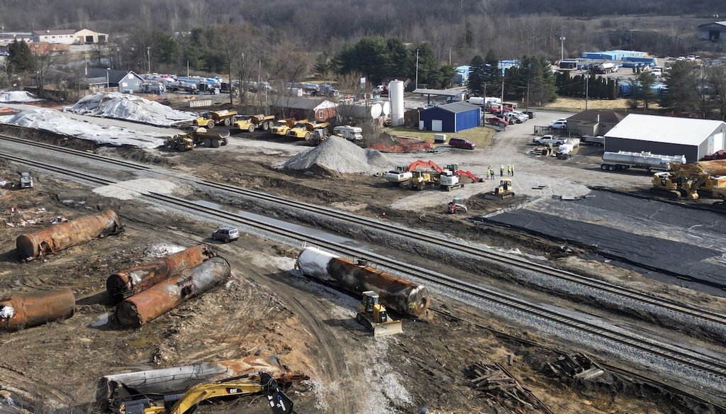 View of East Palestine weeks after a Norfolk Southern trail derailment Feb. 3. (AP Images)