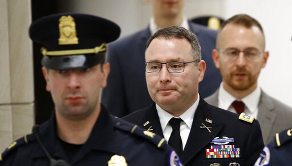 Army Lt. Col. Alexander Vindman, a military officer at the National Security Council, departs a closed door meeting after testifying as part of the House impeachment inquiry. (AP Photo/Patrick Semansky)