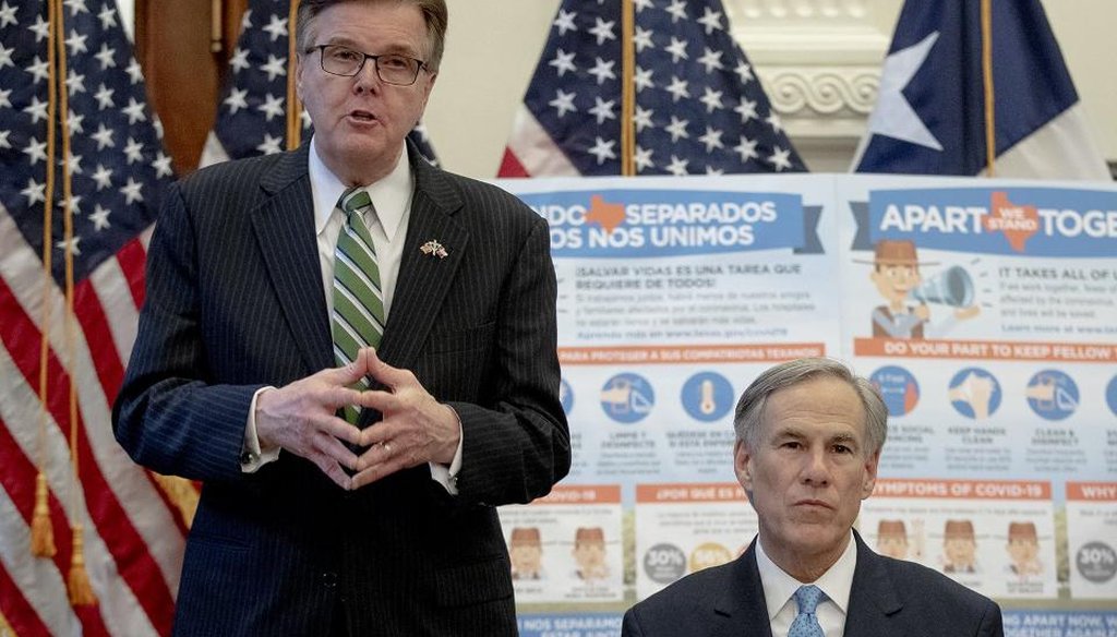 Texas Lt. Gov. Dan Patrick speaks while Gov. Greg Abbott listens at a press briefing about the coronavirus in the state (Nick Wagner/Austin American-Statesman).