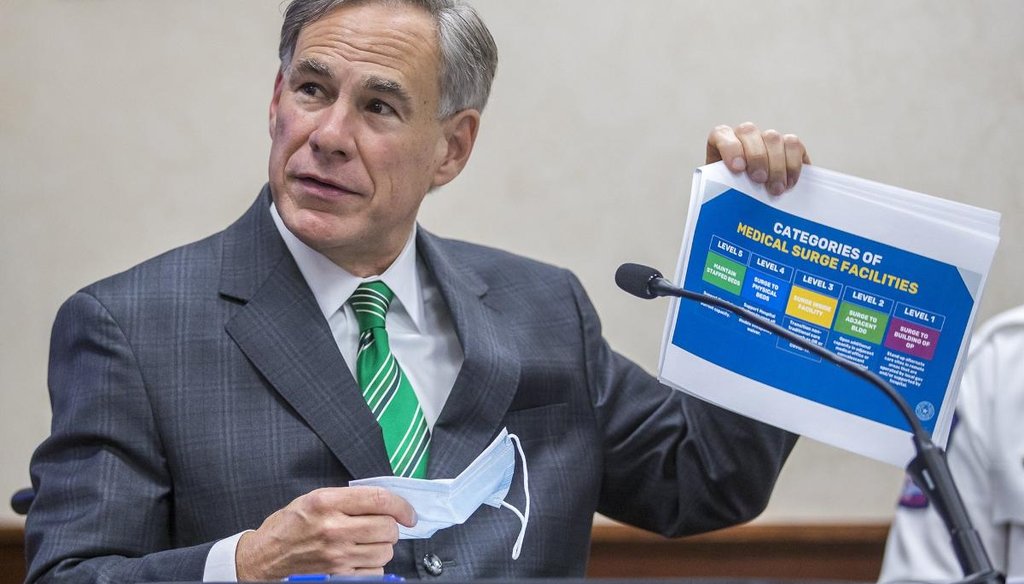 Texas Gov. Greg Abbott shared three claims about the coronavirus in Texas during a press conference in June. [Ricardo B. Brazziell/American-Statesman]