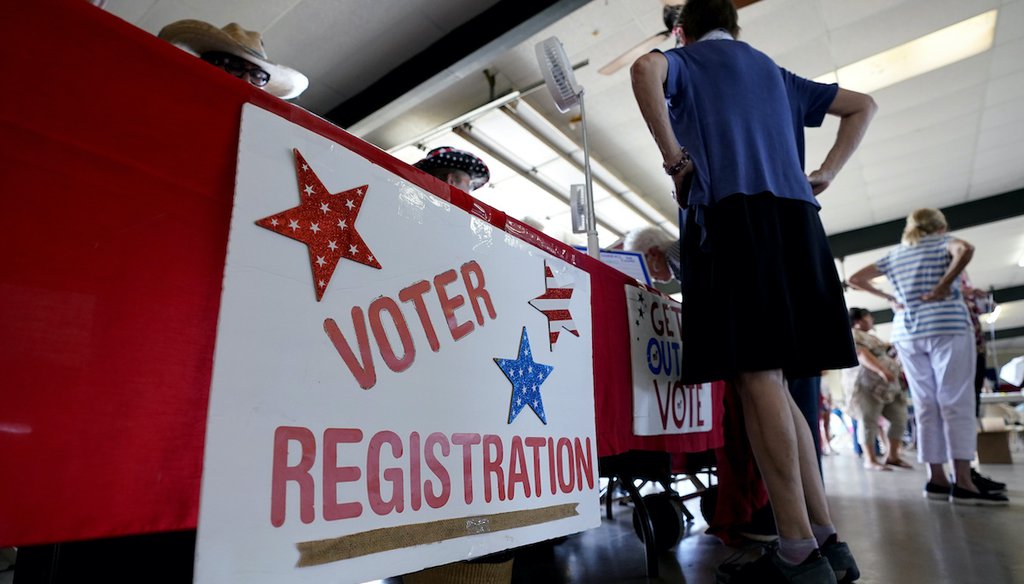 A voter registration table is seen at a political event for Texas gubernatorial candidate Beto O'Rourke, Wednesday, Aug. 17, 2022, in Fredericksburg, Texas. (AP)