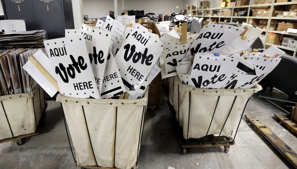 In this Feb. 13, 2018, file photo, bins of signs are seen in a storage are at the Bexar County Election offices in San Antonio. (AP)