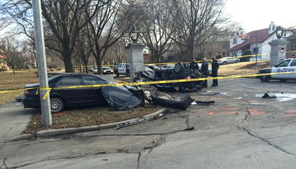 Two youths in a speeding stolen car were killed and two others were injured in 2015 when the driver ran a stop sign and collided with another car in Milwaukee's Washington Heights neighborhood, police said. (Milwaukee Police Department.)