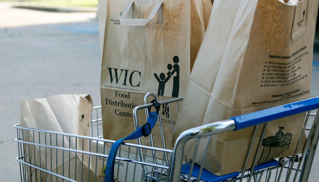 Grocery bags with food from the Special Supplemental Nutrition Program for Women, Infants and Children, WIC, sit in a shopping cart before being loaded into a vehicle in Jackson, Miss., Oct. 3, 2013. (AP)
