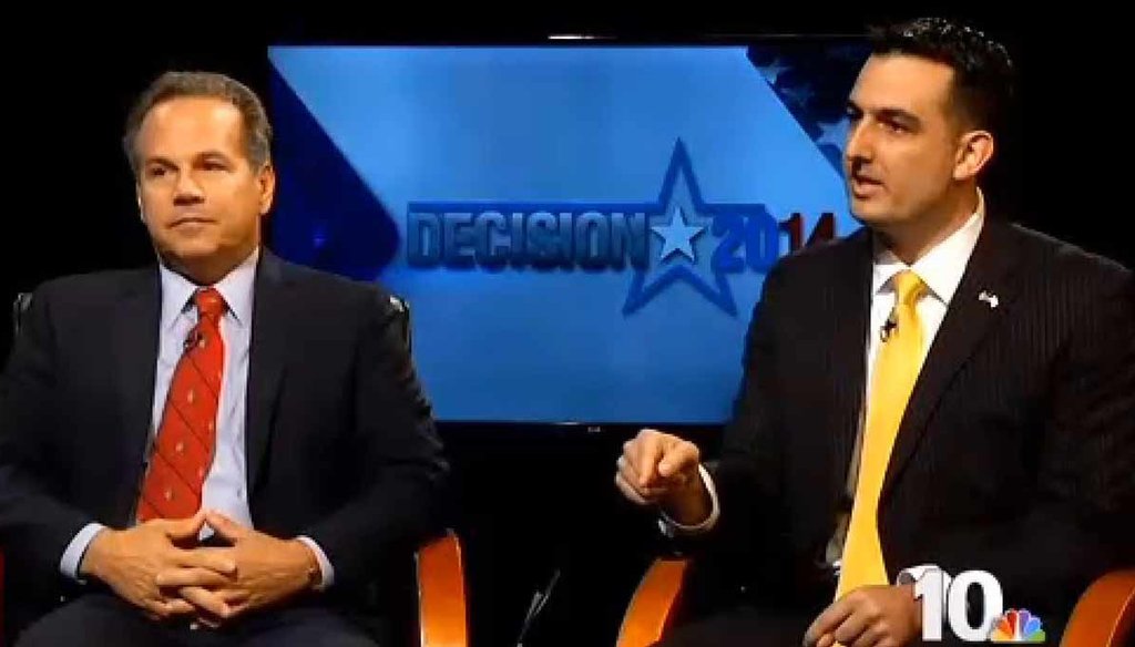 David Cicilline and Cormick Lynch during a debate that aired Oct. 26, 2014 on WJAR-TV. 