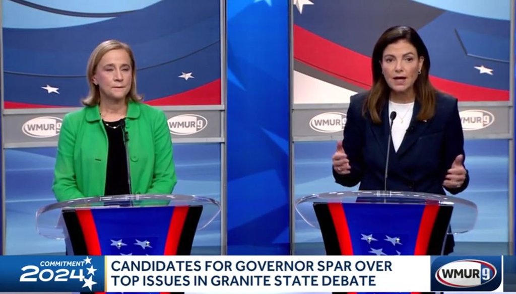 Democrat Joyce Craig and Republican Kelly Ayotte appear on WMUR-TV for a New Hampshire gubernatorial debate on Oct. 30, 2024. (Screenshot)