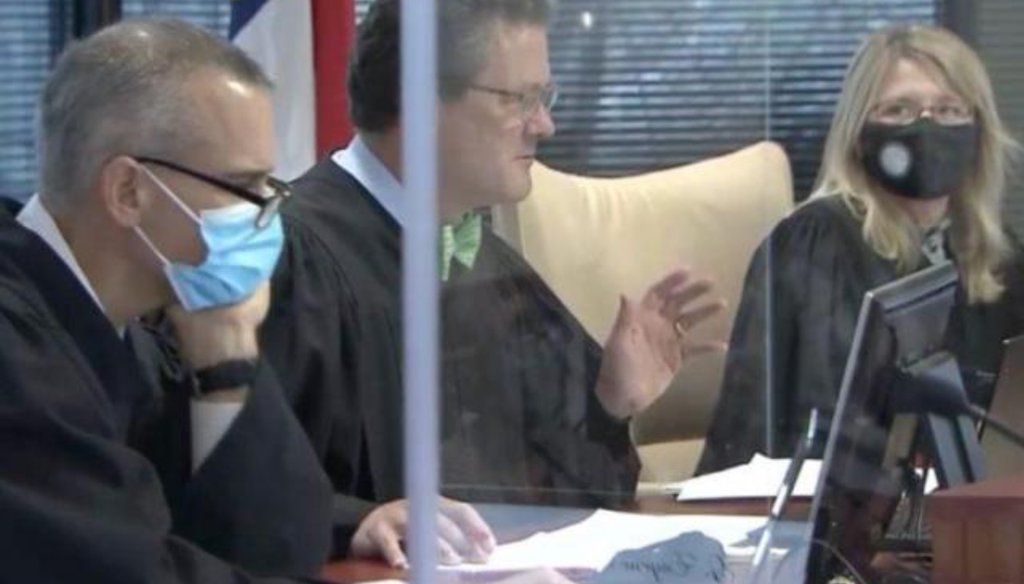 North Carolina Superior Court judges in the January 2022 congressional and legislative redistricting trial. (WRAL screenshot)