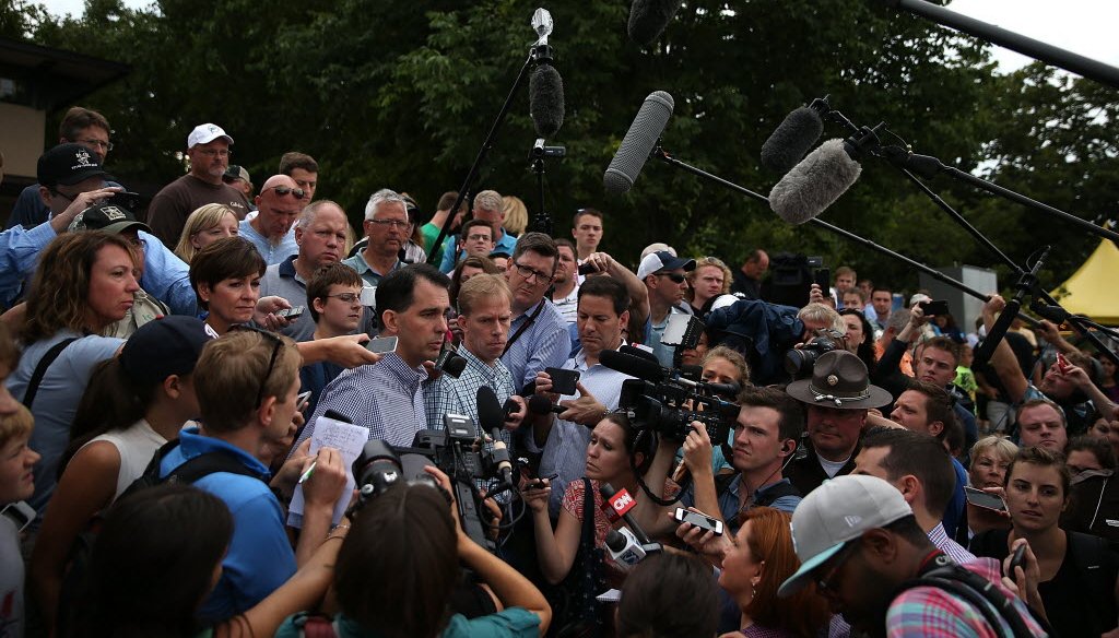 Gov. Scott Walker talks to the media Aug. 17, 2015 at the Iowa State Fair -- where he initially made comments on 'birthright citizenship' that he has been working to untangle. (Image from Getty)