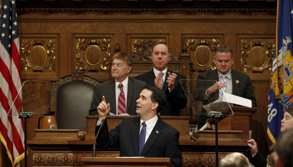 Gov. Scott Walker (center front) acknowledges the gallery during his State of the State address on Jan. 15, 2013.