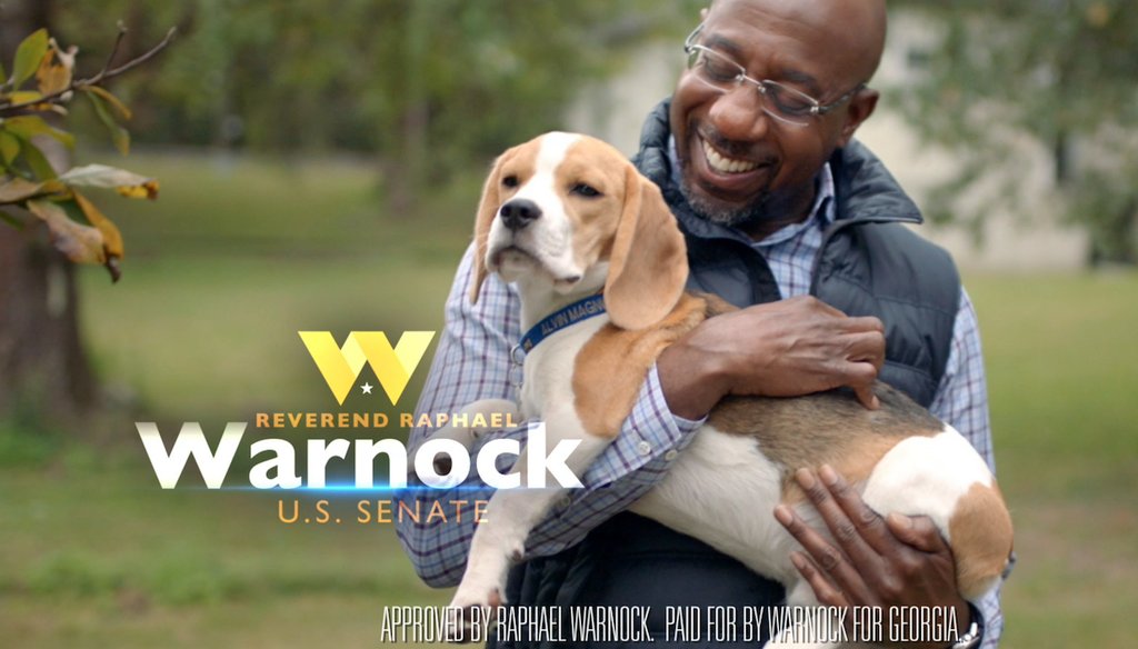 The closing shot of Raphael Warnock's first puppy ad of 2020. (Screenshot)