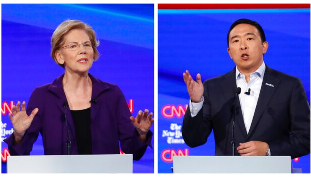 Elizabeth Warren and Andrew Yang differed on the impact of trade and automation on jobs. ((AP Photo/John Minchillo)