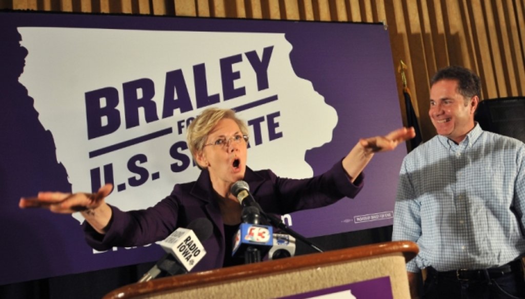 Sen. Elizabeth Warren, D-Mass., has been in demand as a speaker at Democratic campaign events this year. Here she campaigns for the Democratic Senate candidate in Iowa, Bruce Braley, on Oct. 19, 2014, in Des Moines.