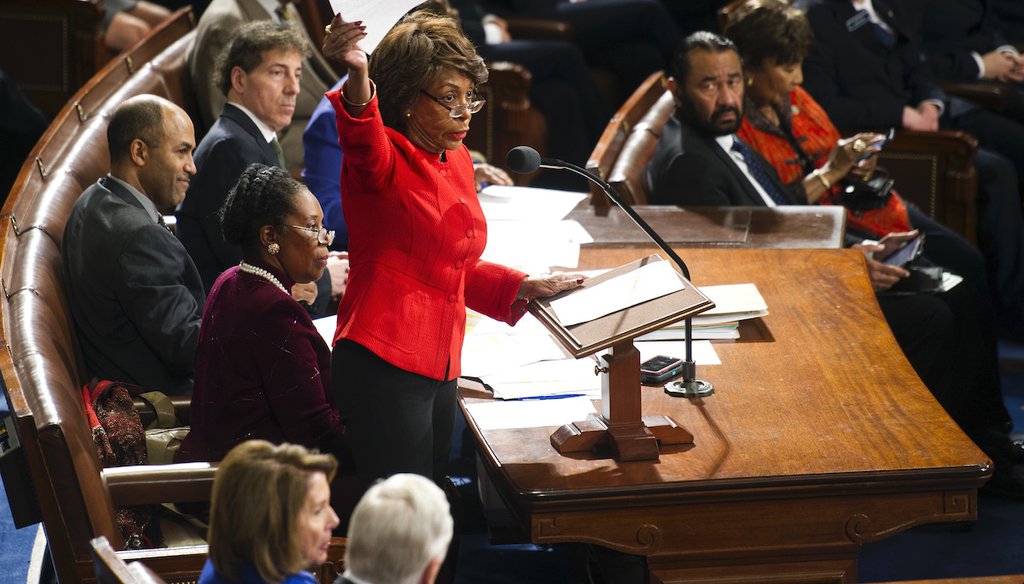 Rep. Maxine Waters, D-Calif., holds up a written objection to the Electoral College vote and calls on a senator to join in the objection during a joint session of Congress to count the electoral ballots, on Capitol Hill in Washington, Jan. 6, 2017.  (AP)
