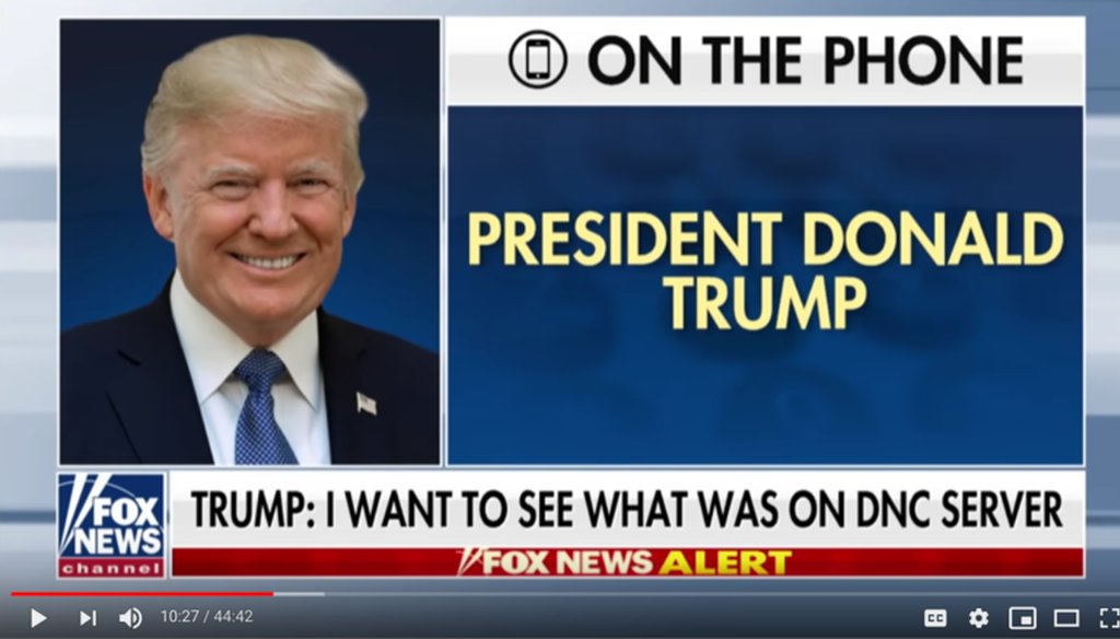This screengrab shows a frame from an April 25, 2019 interview Fox News host Sean Hannity conducted with President Donald Trump, who joined by phone. A viral Facebook post manipulated this image and credited a false statement to Trump.