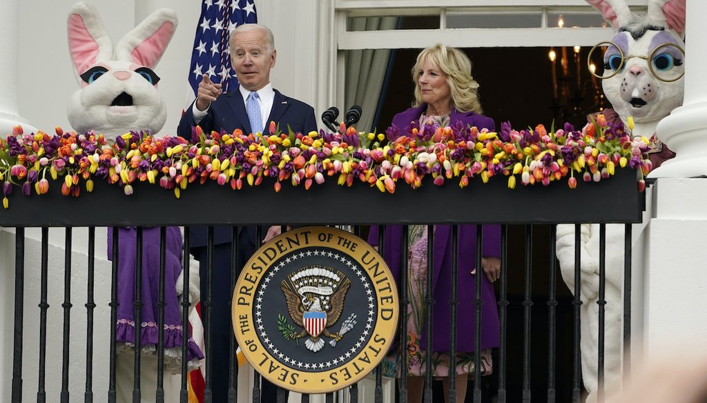 President Joe Biden and first lady Jill Biden, walk out to participate in activities during the White House Easter Egg Roll, Monday, April 18, 2022, at The White House in Washington. (AP)