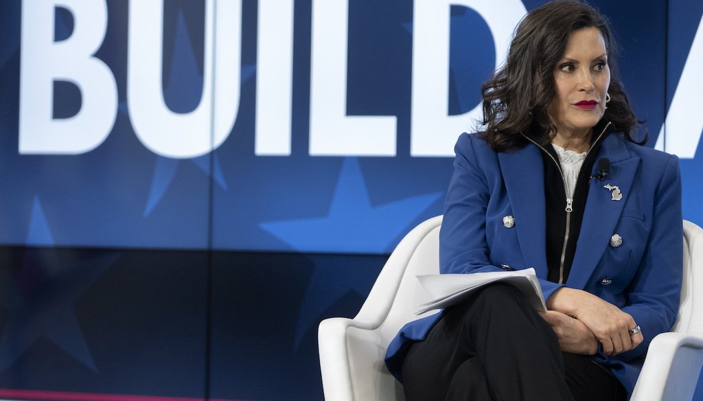 Michigan Gov. Gretchen Whitmer speaks with former television journalist Gretchen Carlson, not shown, at an event on April 9, 2025, in Washington. (AP)