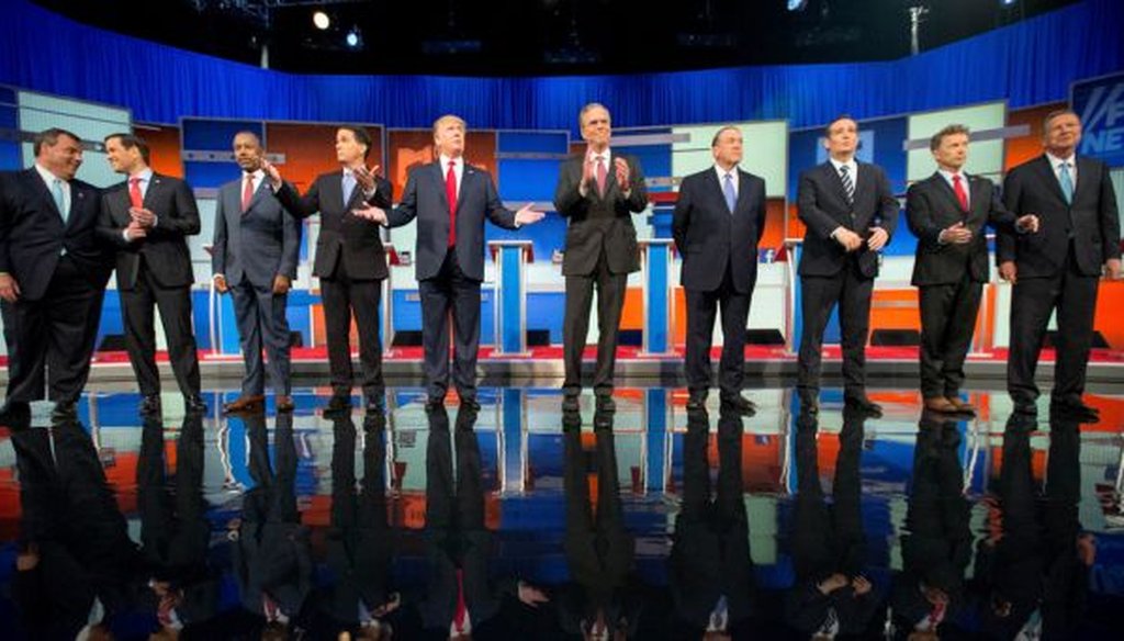 Republican presidential candidates from left, Chris Christie, Marco Rubio, Ben Carson, Scott Walker, Donald Trump, Jeb Bush, Mike Huckabee, Ted Cruz, Rand Paul, and John Kasich at the first Republican presidential debate in Cleveland on Aug. 6, 2015. (AP)