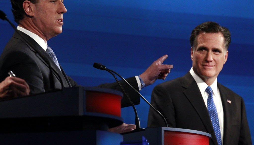 In this Associated Press photo, GOP presidential candidates Rick Santorum and Mitt Romney participate in a debate in South Carolina. They face off again April 3, 2012 in primaries in Wisconsin, Maryland and D.C.