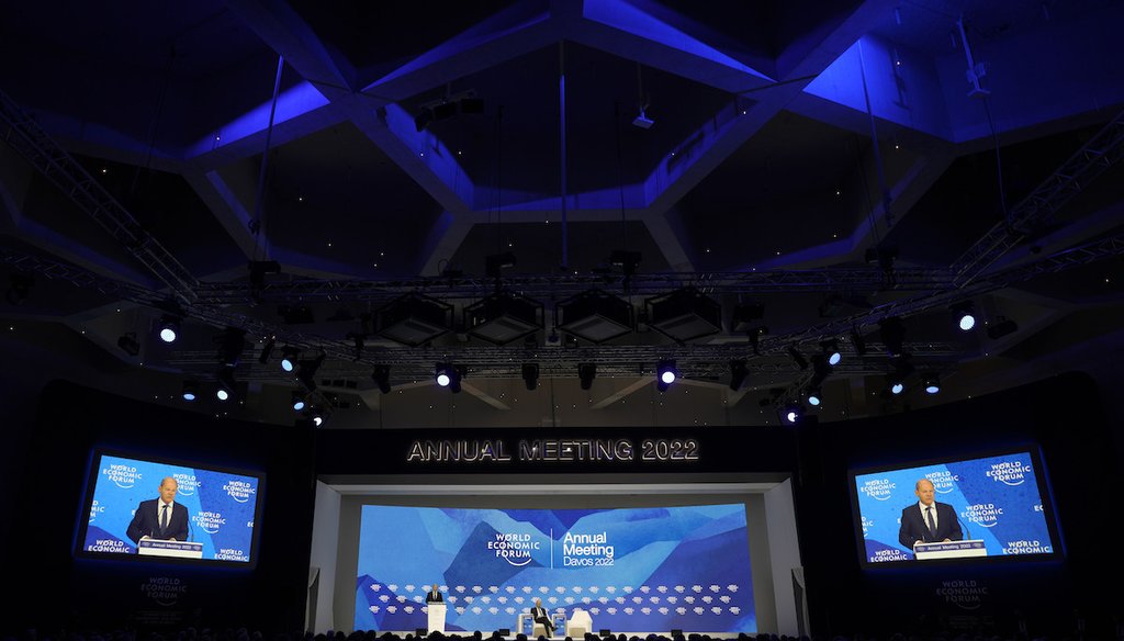 German chancellor Olaf Scholz speaks at the World Economic Forum in Davos, Switzerland, on May 26, 2022. (AP)