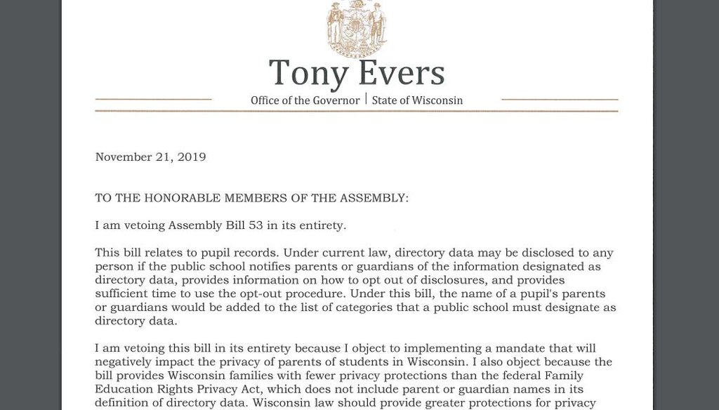 Tony Evers vetoed a Republican-sponsored education bill claiming it would mandate release of parents' names. It wouldn't.