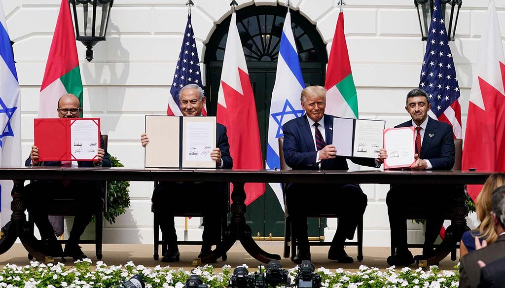 President Donald Trump, center, sits with from leaders from Bahrain, Israel, and the United Arab Emirates during the Abraham Accords signing ceremony Sept. 15, 2020, at the White House. (AP)