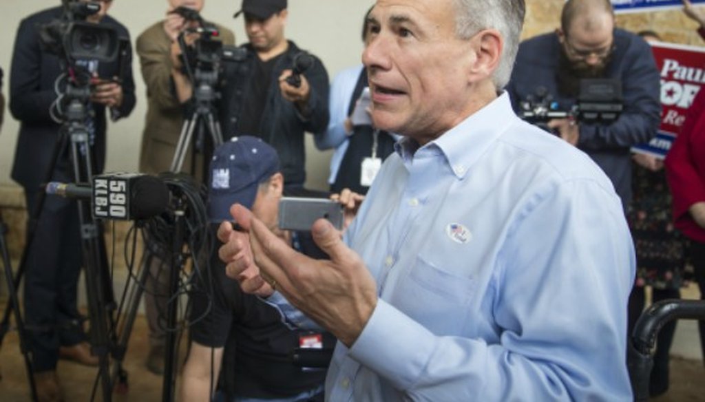 Greg Abbott, shown stumping here in February 2018, later made a border security claim that PolitiFact Texas found MOSTLY FALSE (Austin American-Statesman photo, Ricardo B. Brazziell).