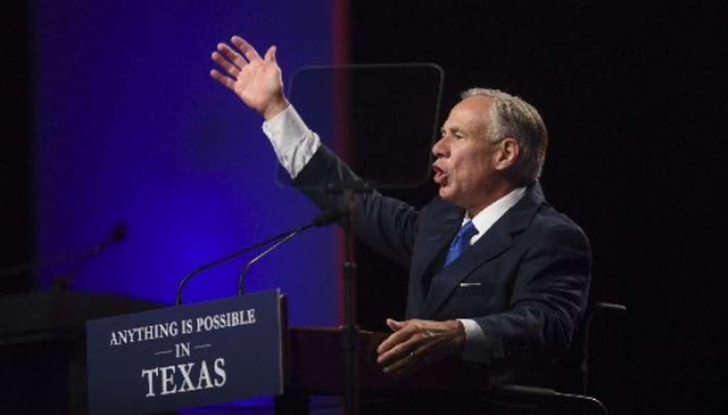 Gov. Greg Abbott, shown here speaking June 15, 2018 at the Republican Party of Texas convention in San Antonio, later told supporters Houston is home to more brothels than Starbucks stores (PHOTO: Billy Calzada, San Antonio Express-News).