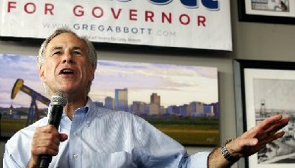 Greg Abbott, stumping for governor in Midland on July 17, was targeted by a pro-Democratic group's blog claim (Associated Press photo).