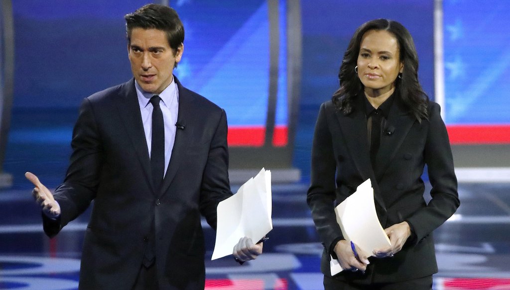 ABC World News Tonight Anchor David Muir, left, and ABC News Live Anchor Linsey Davis at a Feb. 7, 2020 debate in Manchester, N.H. (AP)