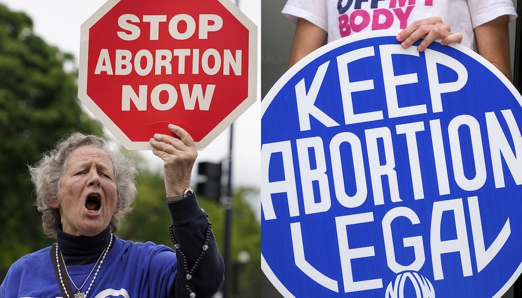 A woman holds a "stop abortion now" sign May 5, 2022, outside of the U.S. Supreme Court in Washington, left; another woman holds a pro-abortion sign March 3, 2022, in West Hollywood, Calif. (AP)