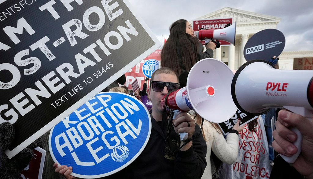 An abortion rights protester uses a megaphone as anti-abortion demonstrators rally outside the U.S. Supreme Court on Jan. 20, 2023, during the March for Life in Washington. (AP)