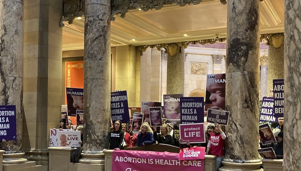 Abortion protesters on both sides pack the halls outside the Minnesota Senate chamber on Jan. 27, 2023, at the State Capitol in St. Paul, Minn. (AP)