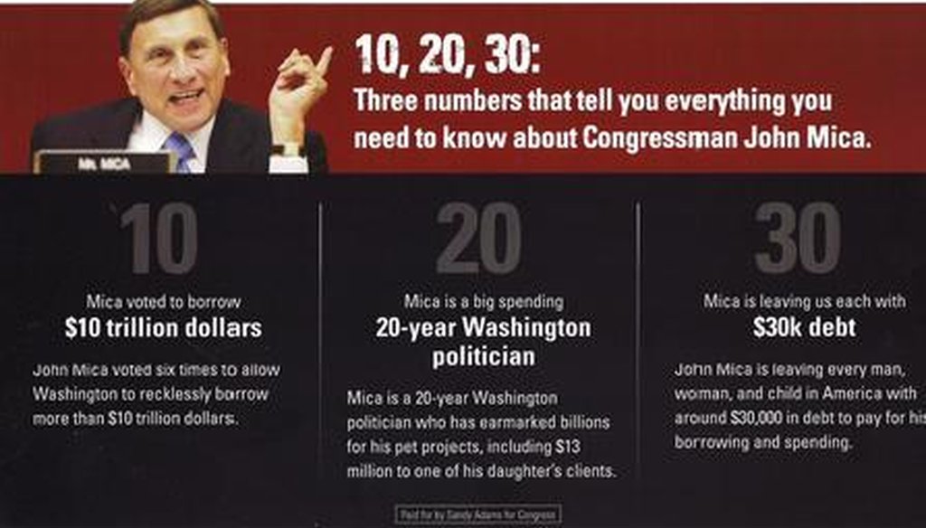 A mailer from the Sandy Adams campaign attacks John Mica over a $10 trillion debt increase.