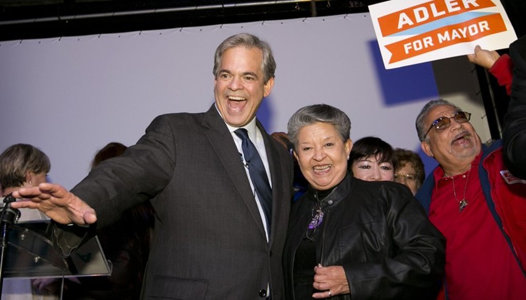 Steve Adler, shown here celebrating his win for Austin mayor in December 2014, made a homestead exemption promise newly rated as a Promise Broken on the PolitiFact Texas Adler-O-Meter (Jay Janner, Austin American-Statesman).