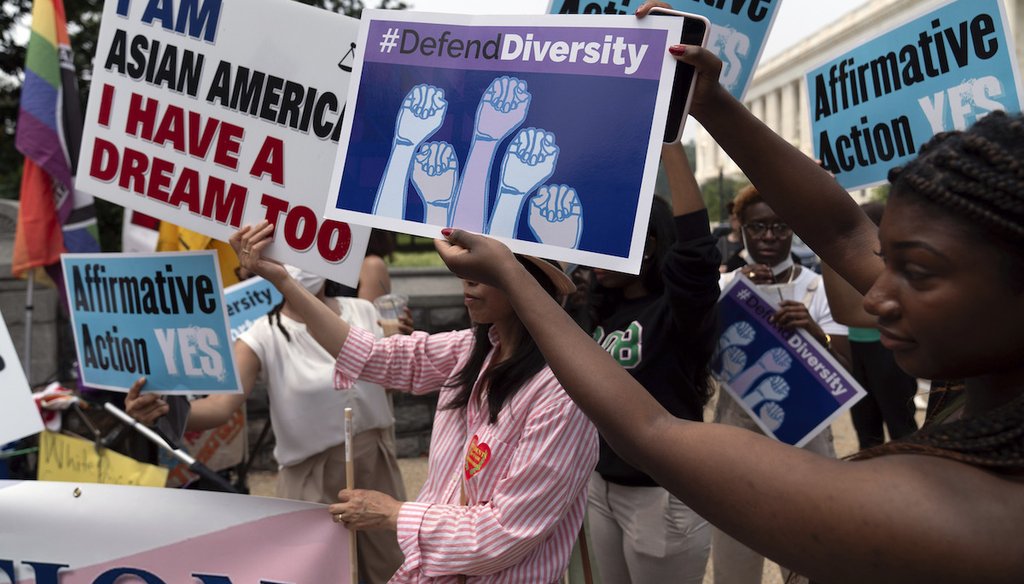 Demonstrators protest June 29, 2023, outside the U.S. Supreme Court in Washington, D.C., after the Supreme Court struck down affirmative action in college admissions. (AP)
