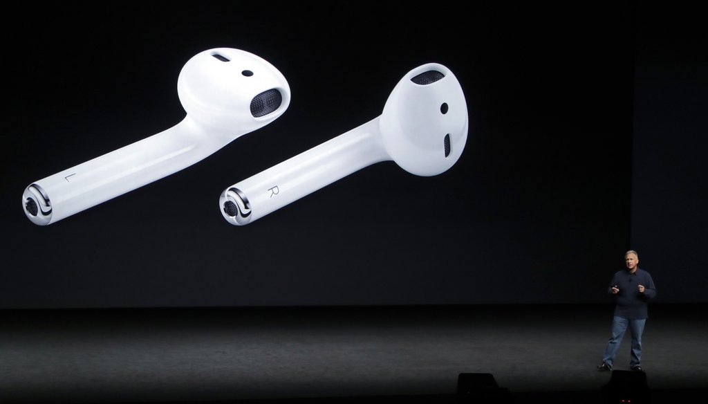 Phil Schiller, then-Apple's senior vice president of worldwide marketing, talks about AirPods during an event to announce the new products on Sept. 7, 2016. (AP Photo/Marcio Jose Sanchez)